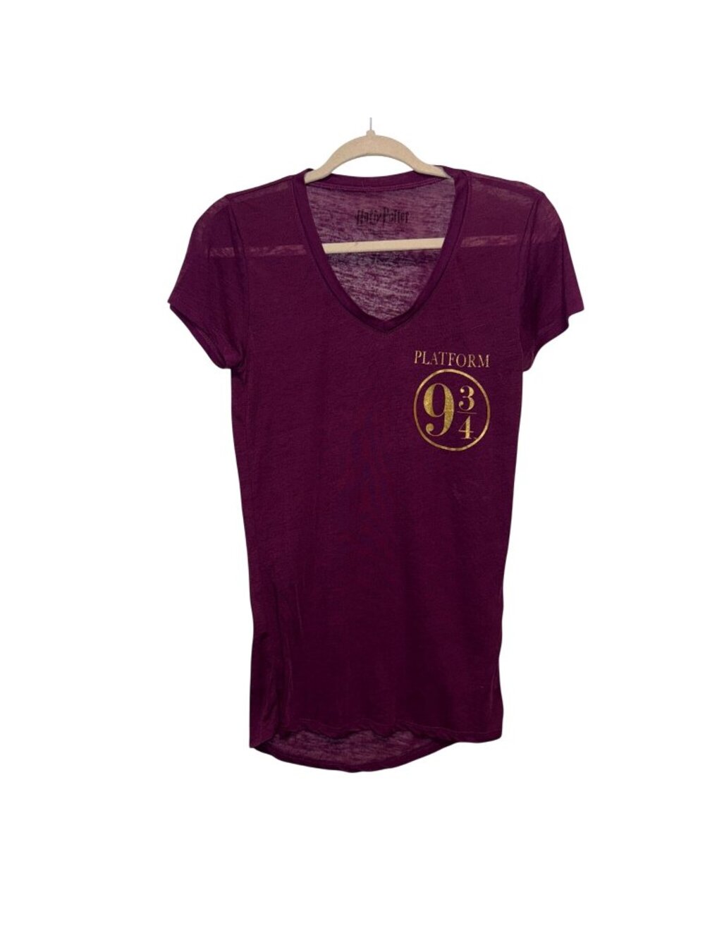 Harry Potter Womens Burgundy V-Neck T-Shirt Platform 9 3/4 Gold Print Size S